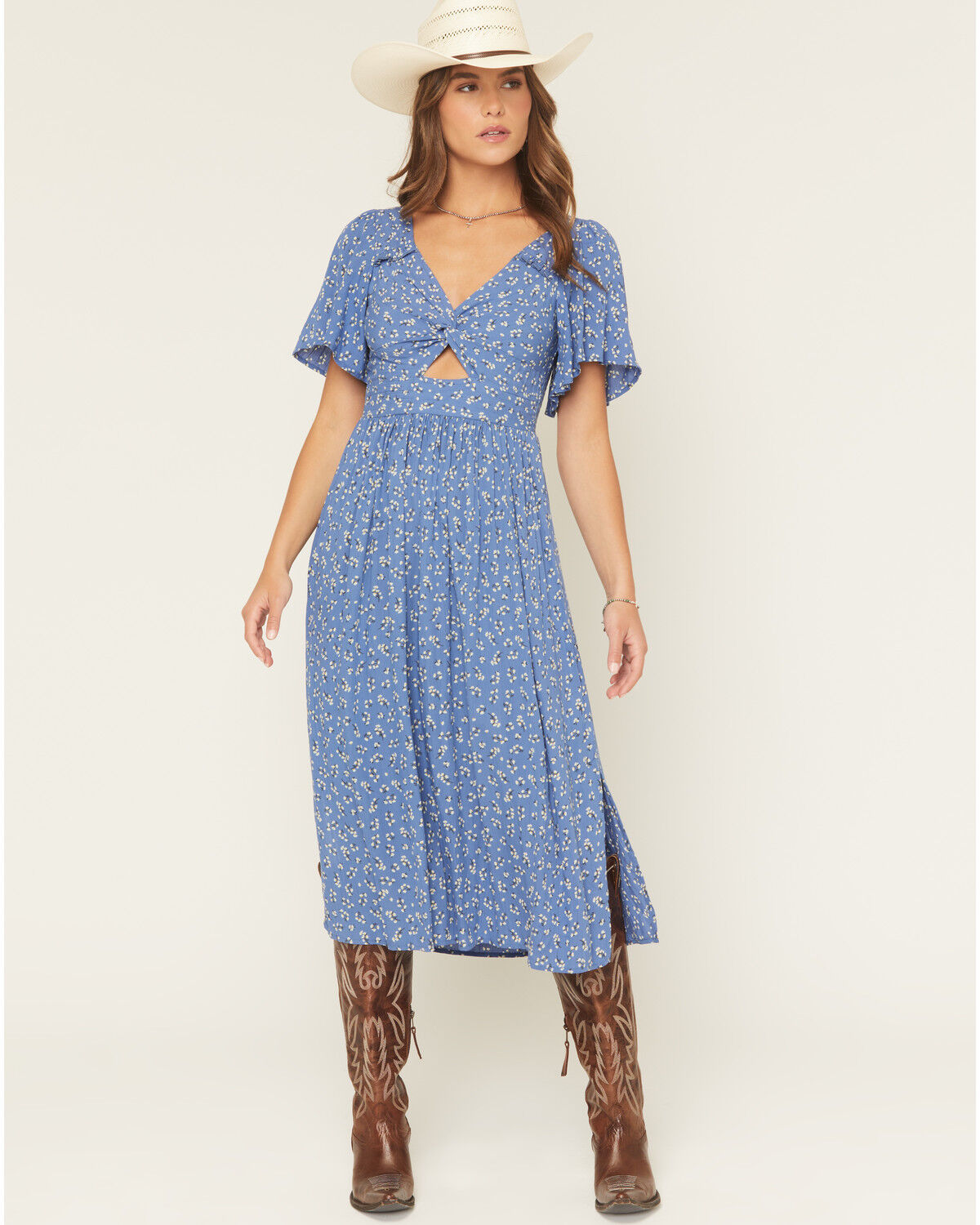 Image #1 - Angie Women's Floral Print Knot Short Sleeve Midi Dress, Blue, hi-res
