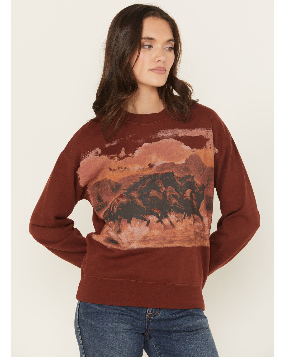 Image #2 - Shyanne Women's Running Horses Loose Fit Graphic Sweatshirt, Mahogany, hi-res