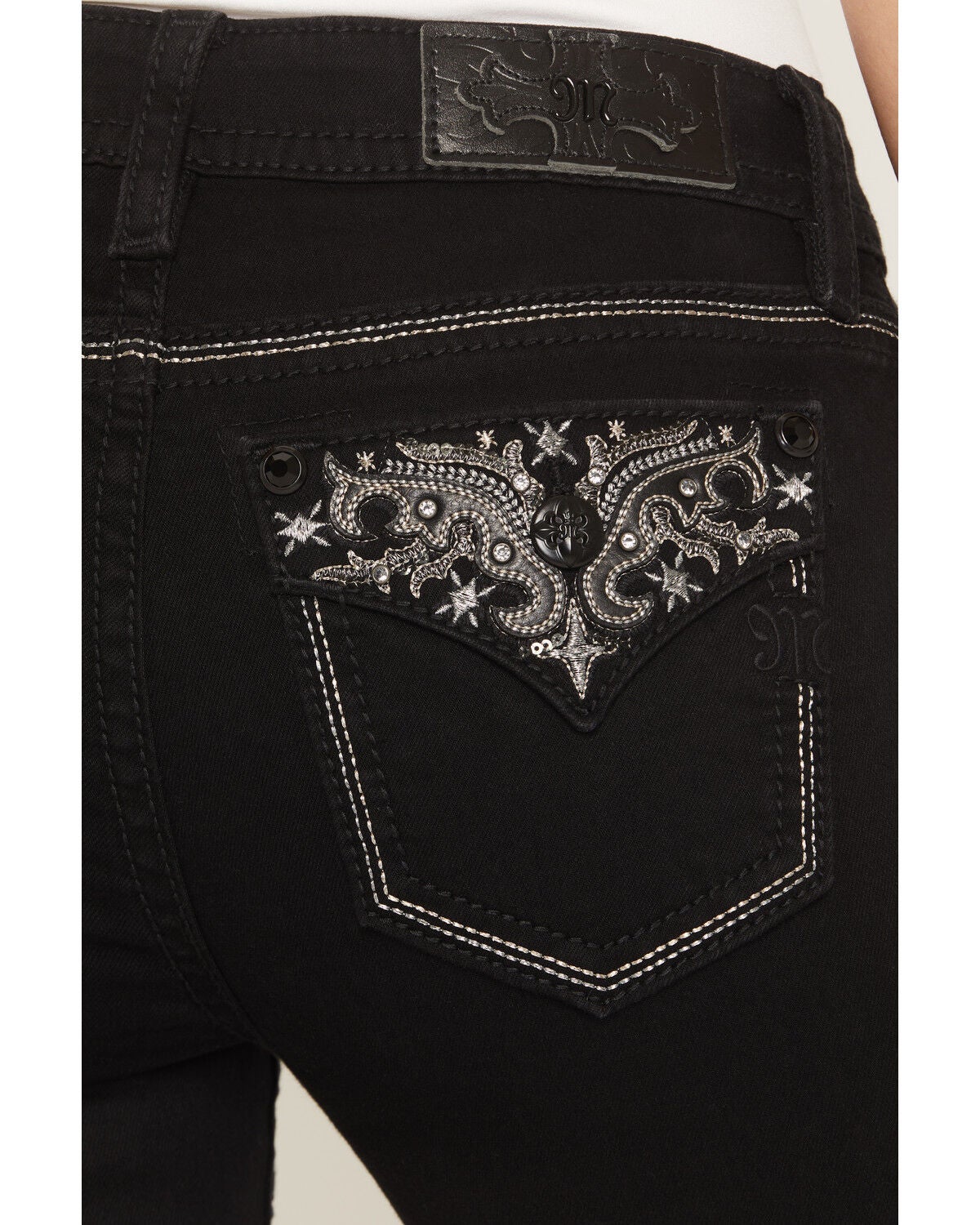 Image #4 - Miss Me Women's Mid Rise Embroidered Pocket 32" Bootcut Stretch Denim Jeans, Black, hi-res