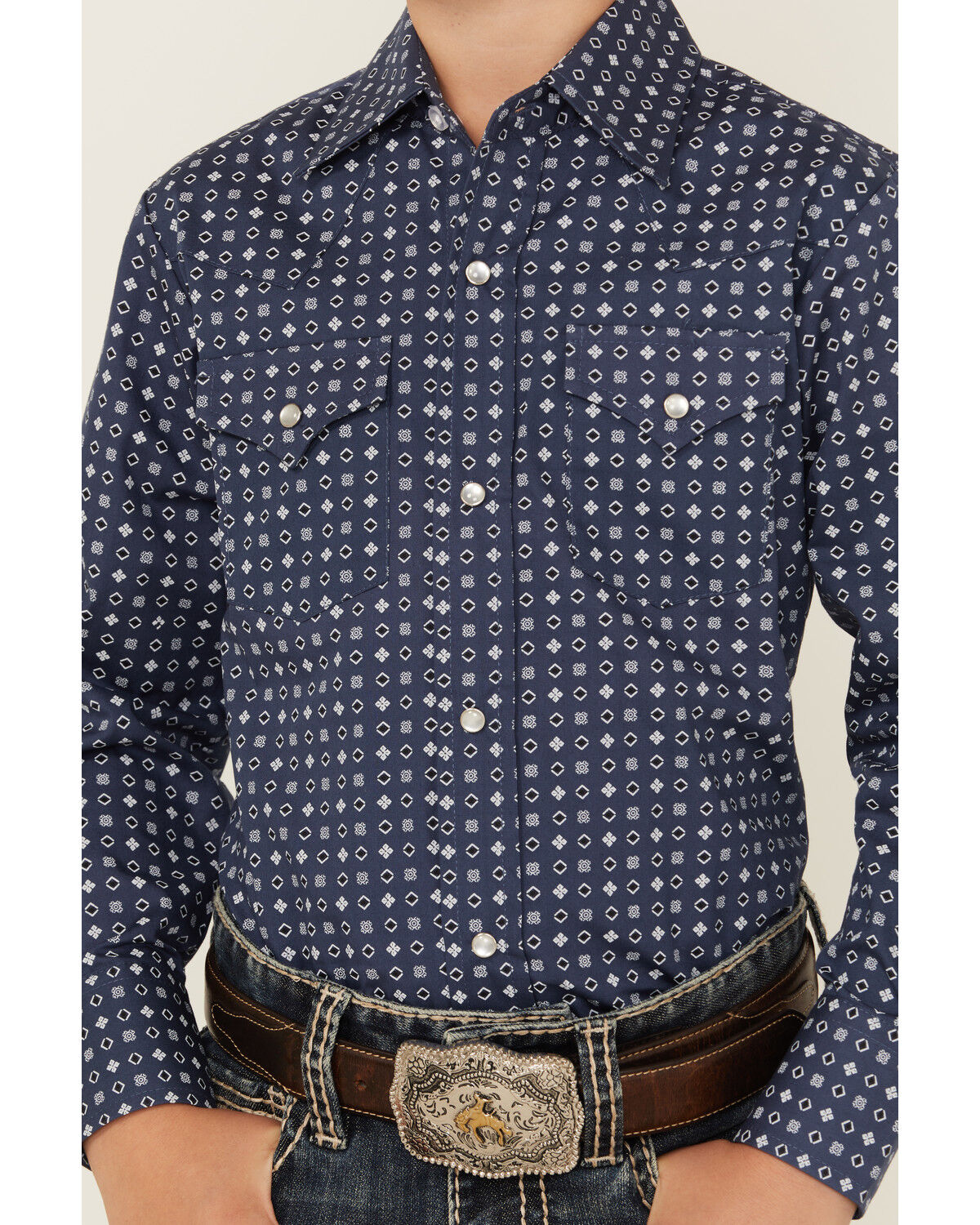 Image #3 - Ely Walker Boys' Geo Print Long Sleeve Snap Stretch Western Shirt, Navy, hi-res