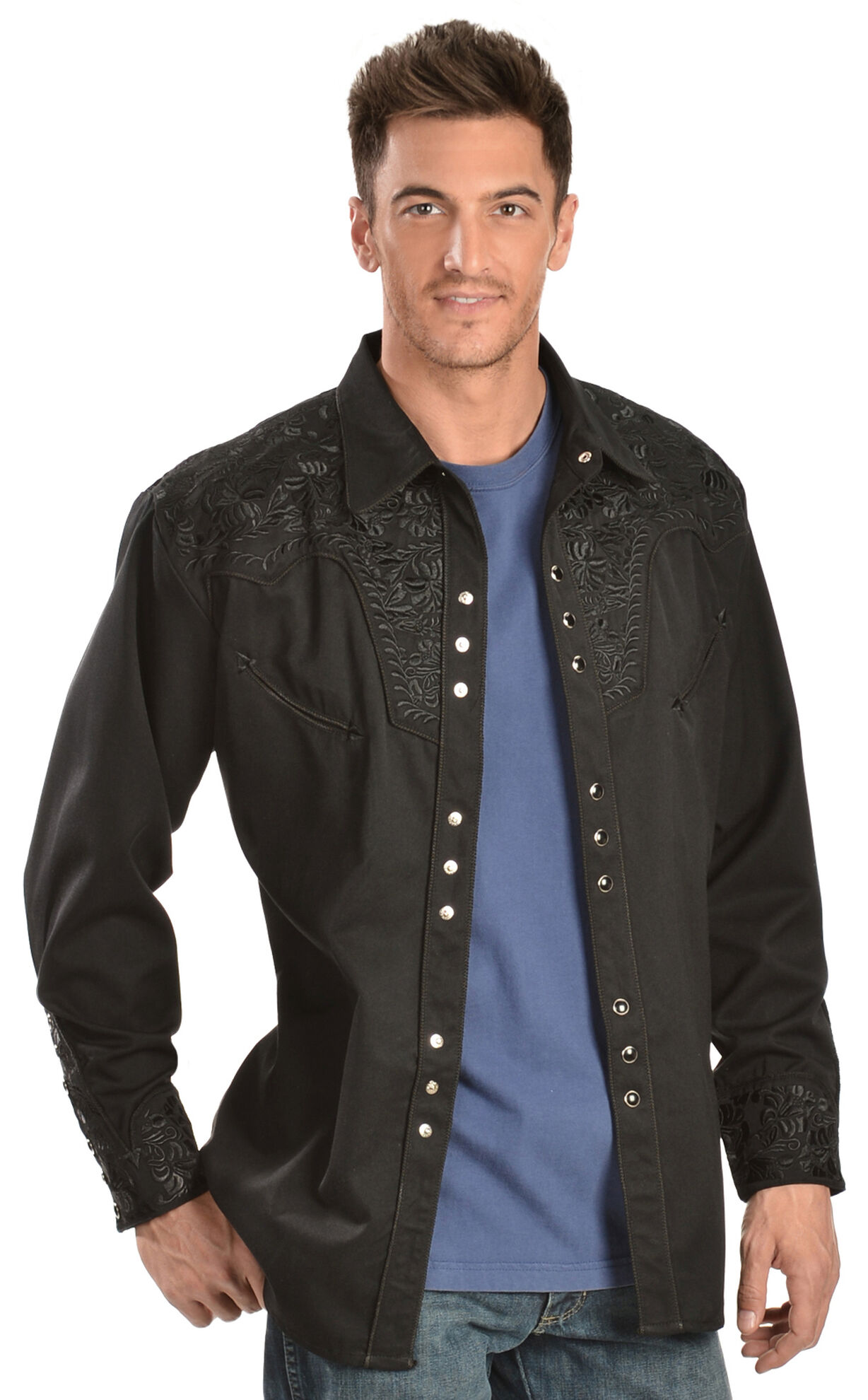 Scully Floral Embroidery Black Retro Western Shirt Big Tall