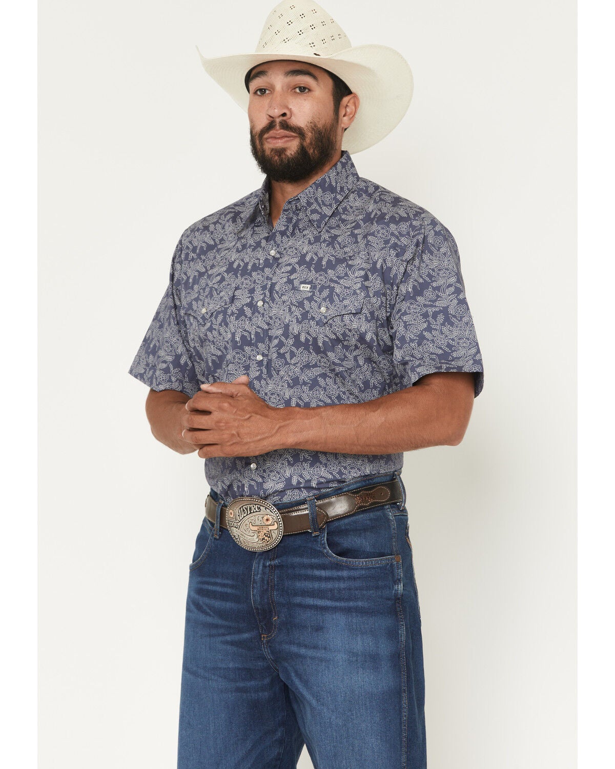 Ely Walker Men's Floral Print Short Sleeve Pearl Snap Western Shirt, Navy, hi-res