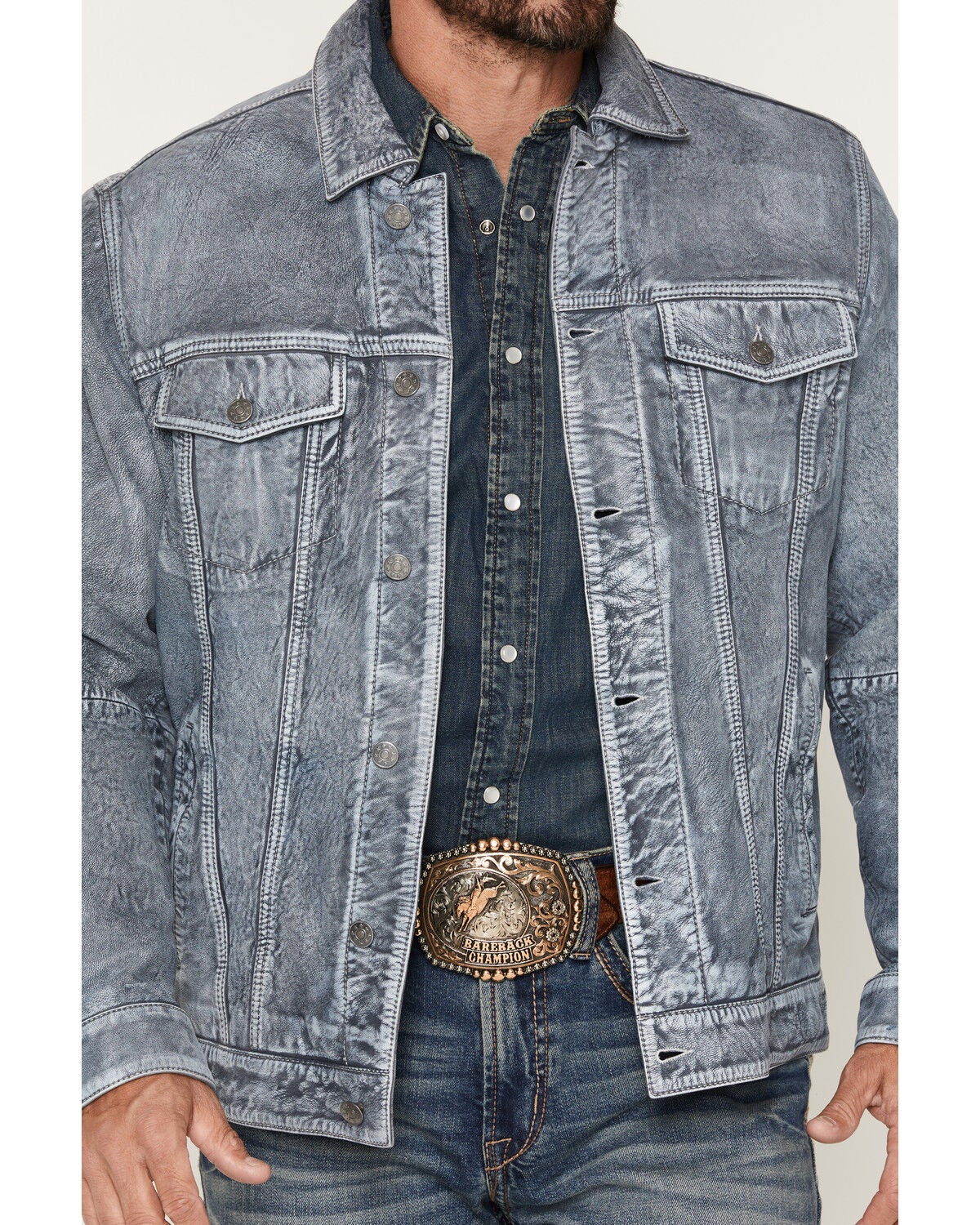 Image #3 - Scully Men's Distressed Leather Button-Down Trucker Jacket, Slate, hi-res