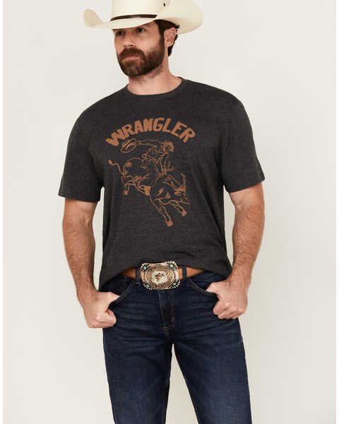 Wrangler Men's Bucking Bull Logo Short Sleeve Graphic T-Shirt , Charcoal, hi-res