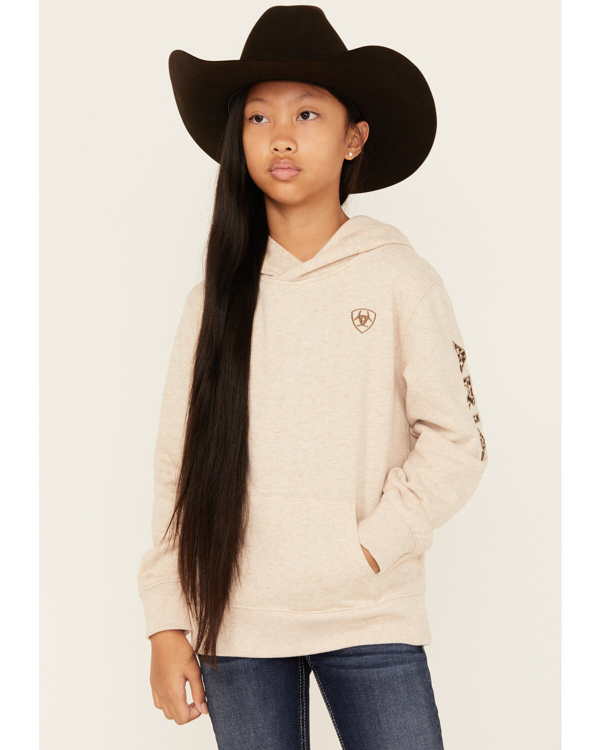 Image #1 - Ariat Girls' Boot Barn Exclusive Leopard Logo Hoodie, Oatmeal, hi-res