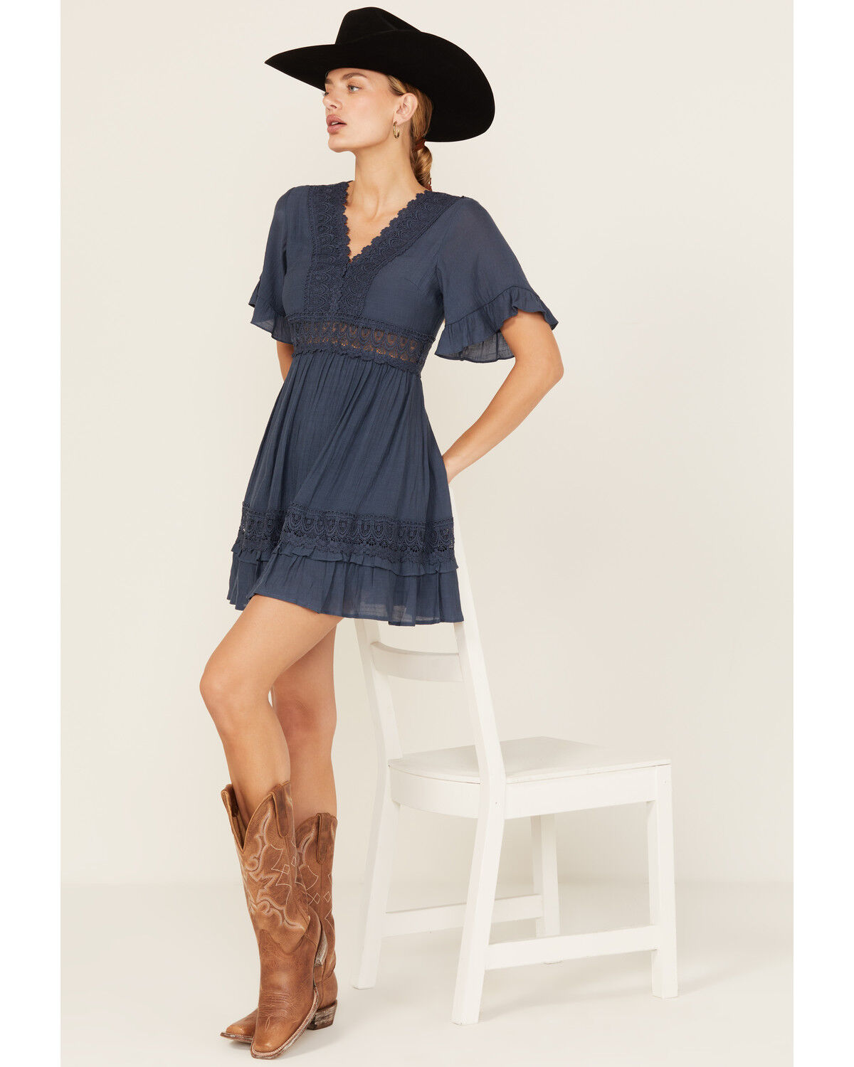 Image #1 - Wishlist Women's Solid Lace Trim Mini Dress, Blue, hi-res