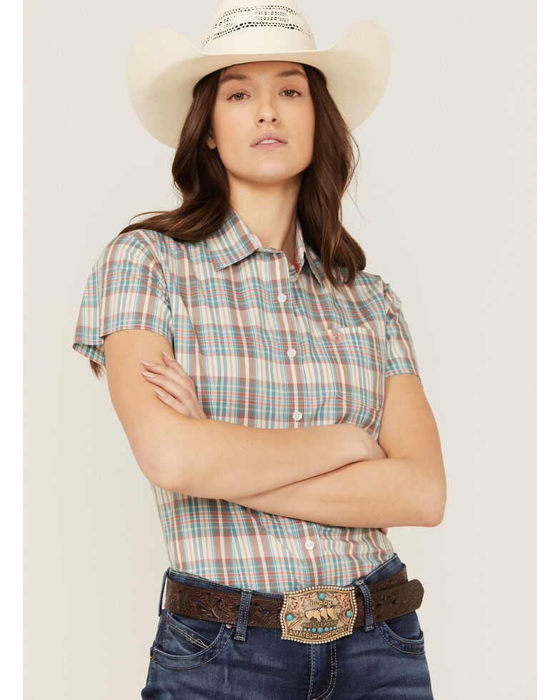 Panhandle Women's Dobby Plaid Button-Down Western Shirt, Natural, hi-res