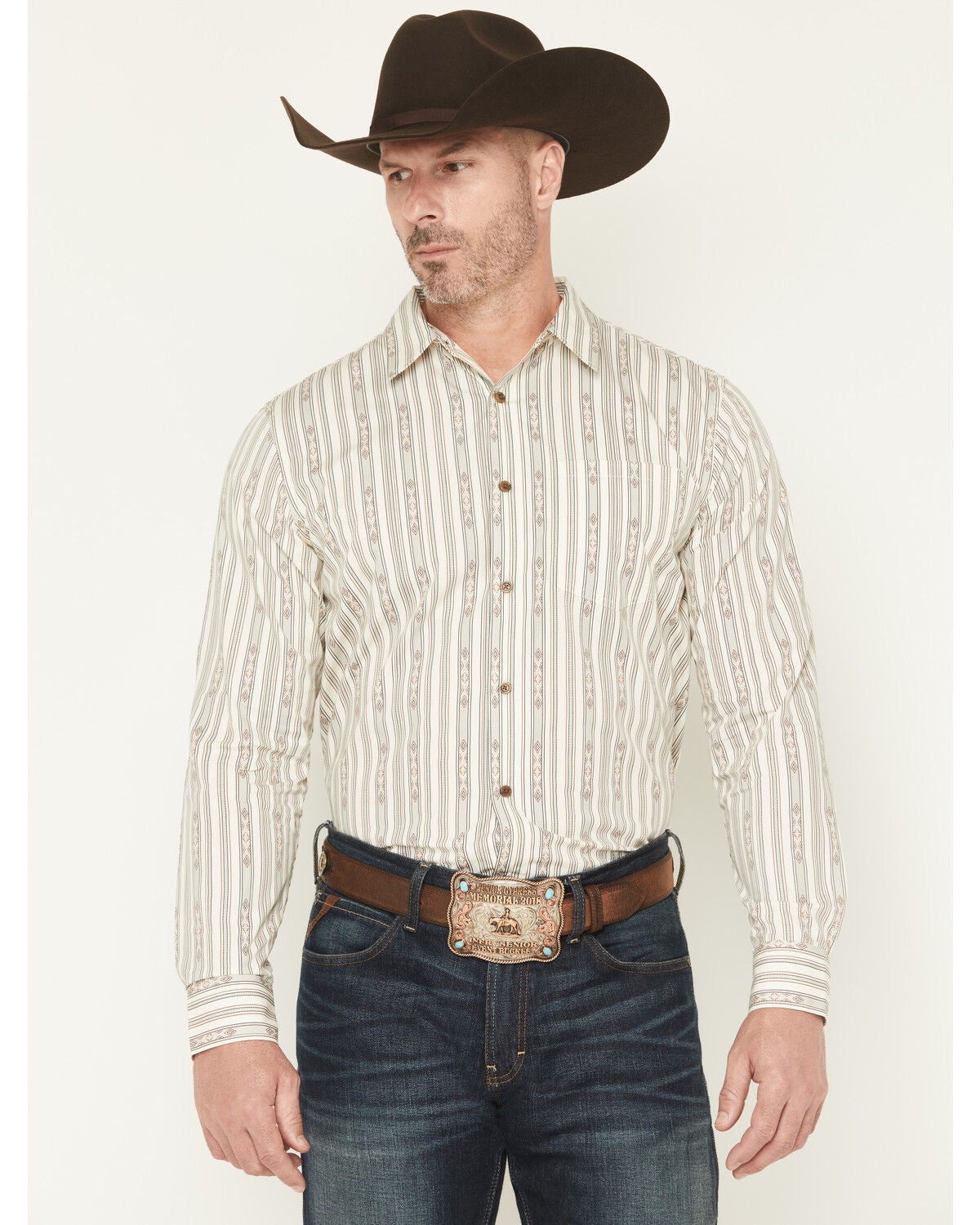 Gibson Trading Co Men's Tiki Boat Southwestern Striped Print Long Sleeve Button-Down Stretch Western Shirt, White, hi-res