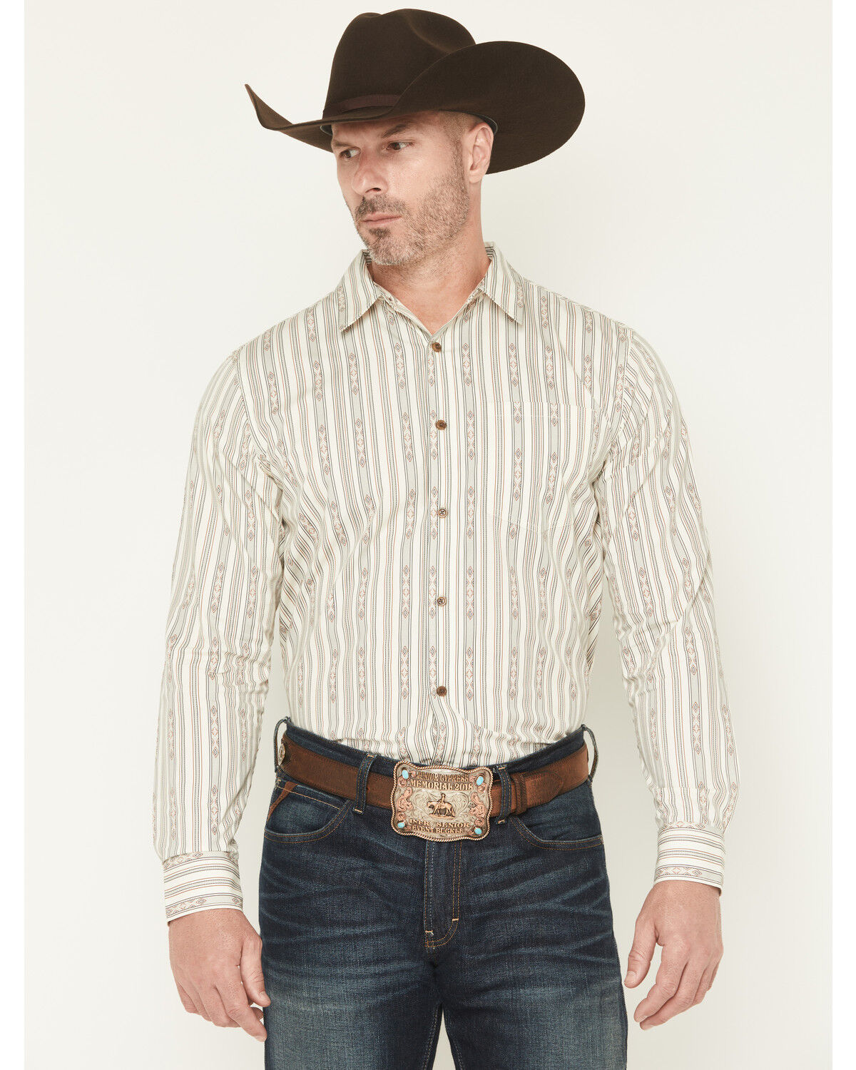 Image #1 - Gibson Trading Co Men's Tiki Boat Southwestern Striped Print Long Sleeve Button-Down Stretch Western Shirt, White, hi-res