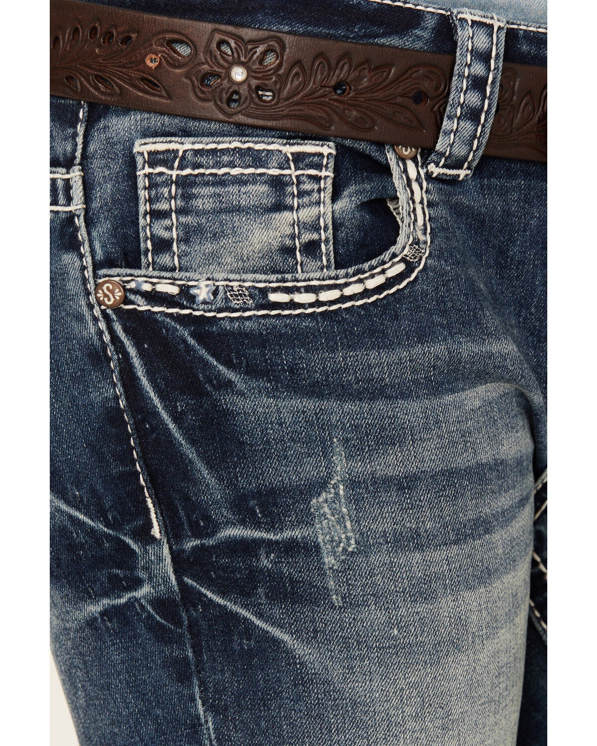 Image #4 - Shyanne Girls' Medium Wash Double Horseshoe Pocket Bootcut Stretch Denim Jeans, Medium Wash, hi-res