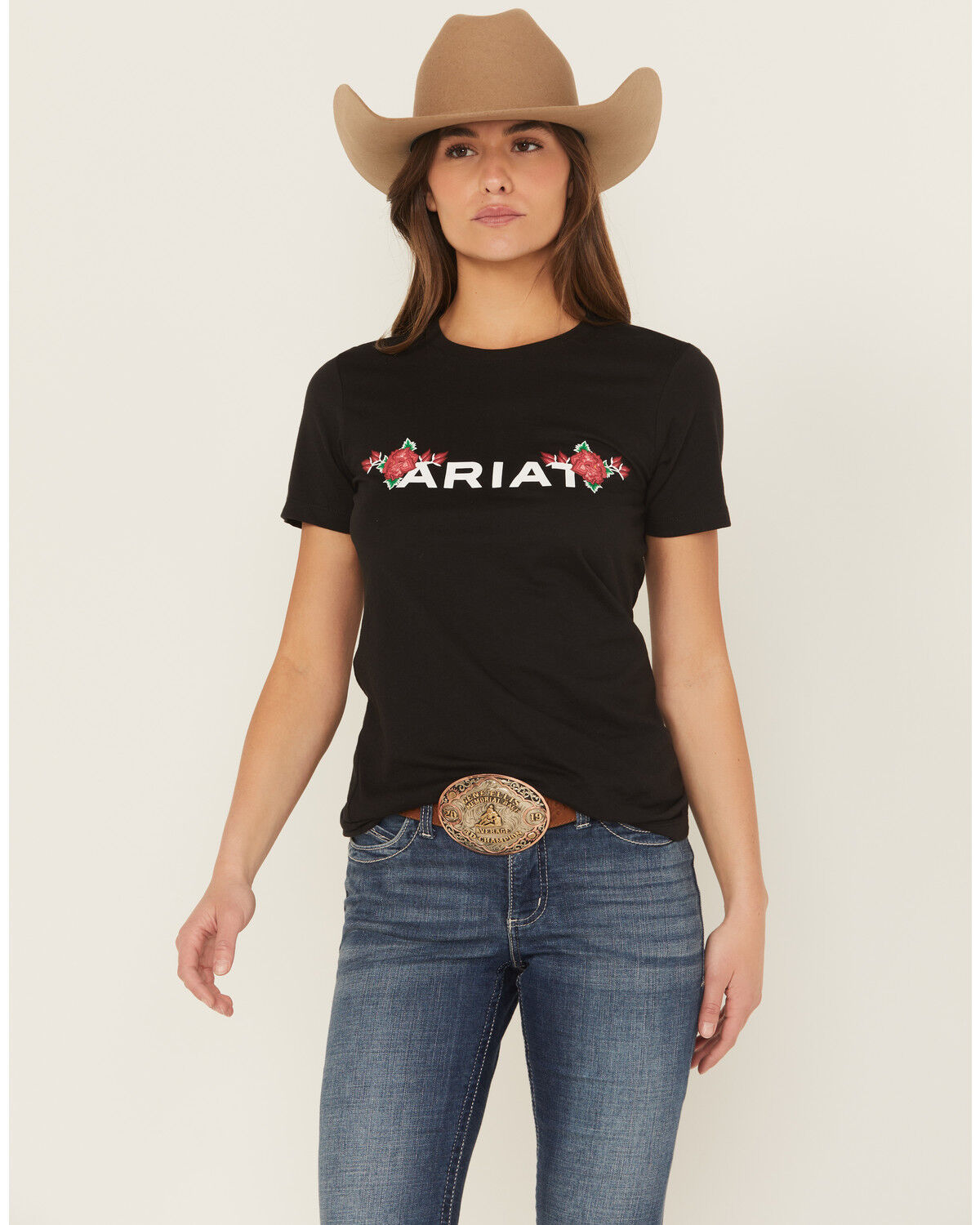 Image #1 - Ariat Women's Boot Barn Exclusive Rosa Logo Short Sleeve Graphic Tee, Black, hi-res