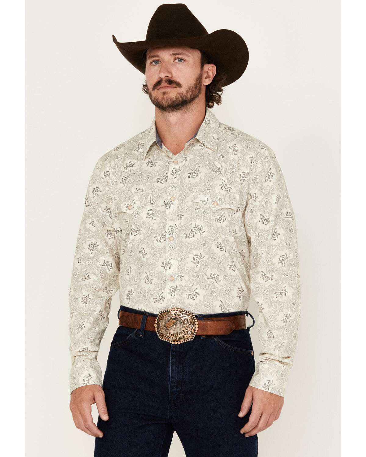 Image #1 - Cody James Men's Treven Floral Print Long Sleeve Snap Western Shirt, Cream, hi-res