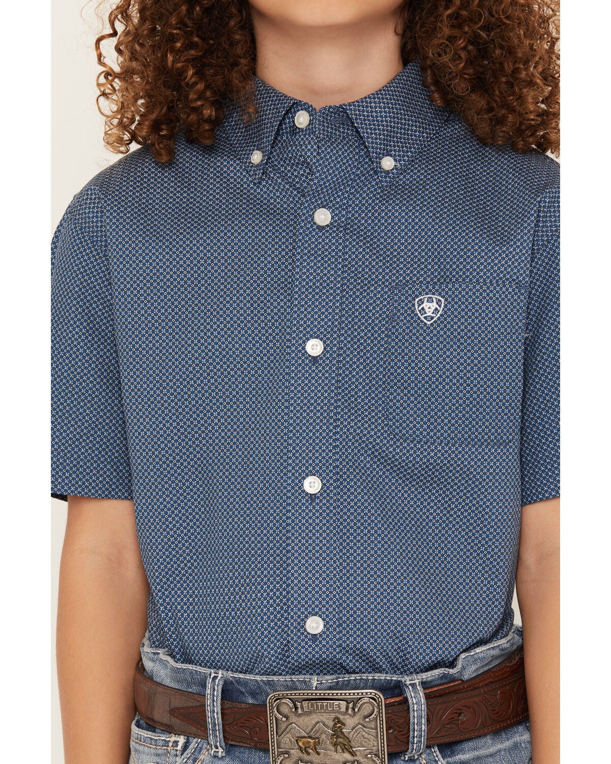 Image #3 - Ariat Boys' Geo Print Short Sleeve Button-Down Western Shirt, Blue, hi-res