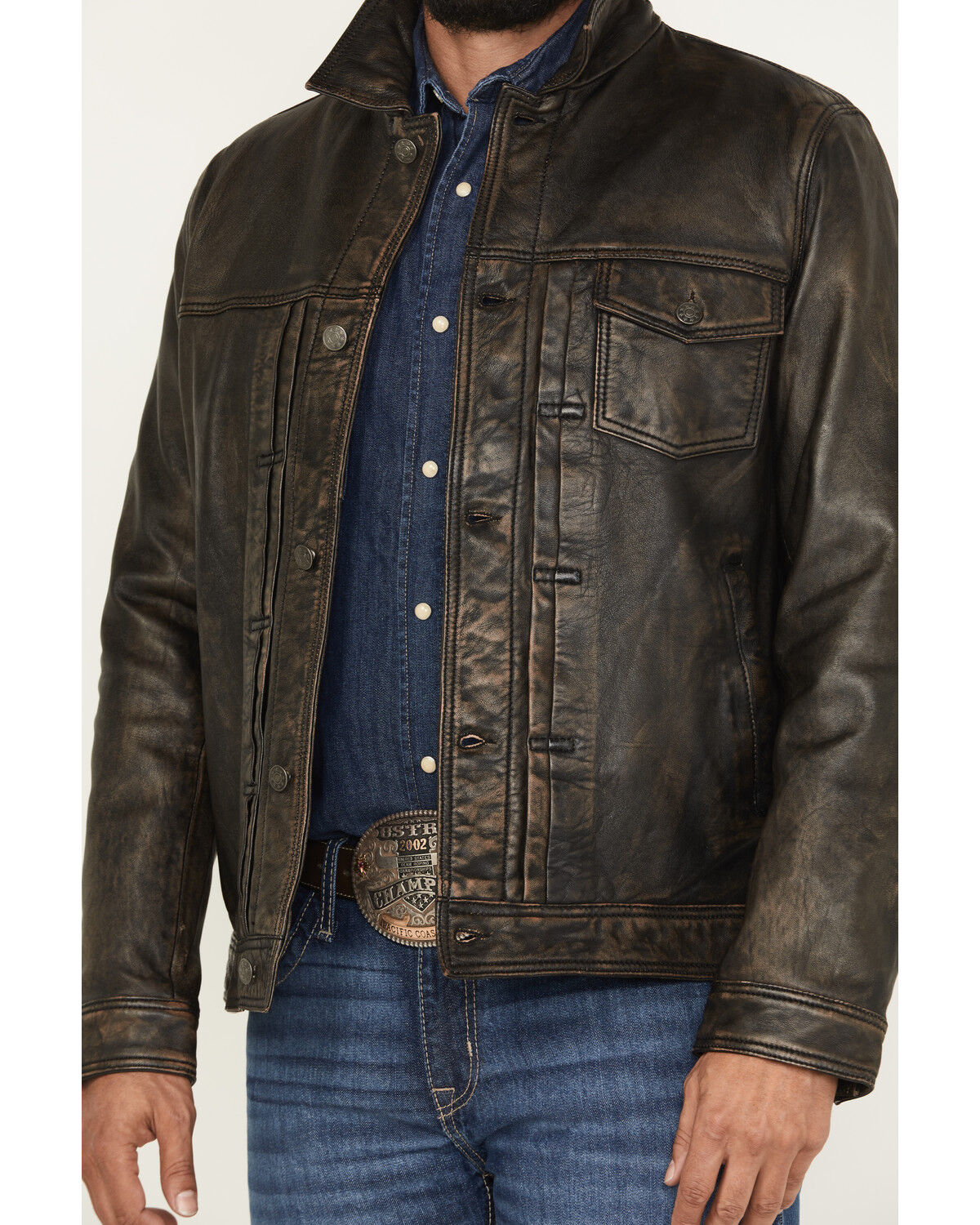 Image #3 - Scully Men's Distressed Leather Trucker Jacket, Black, hi-res