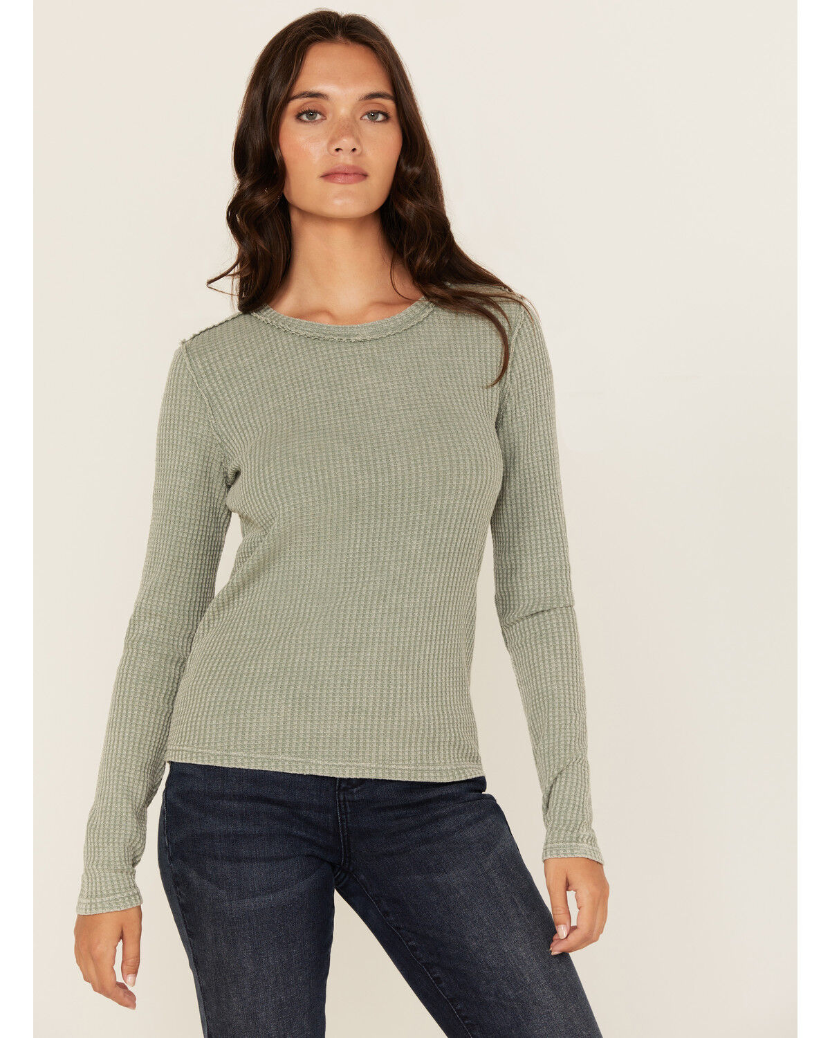 Image #1 - White Crow Women's Solid Long Sleeve Waffle Knit Shirt, Green, hi-res