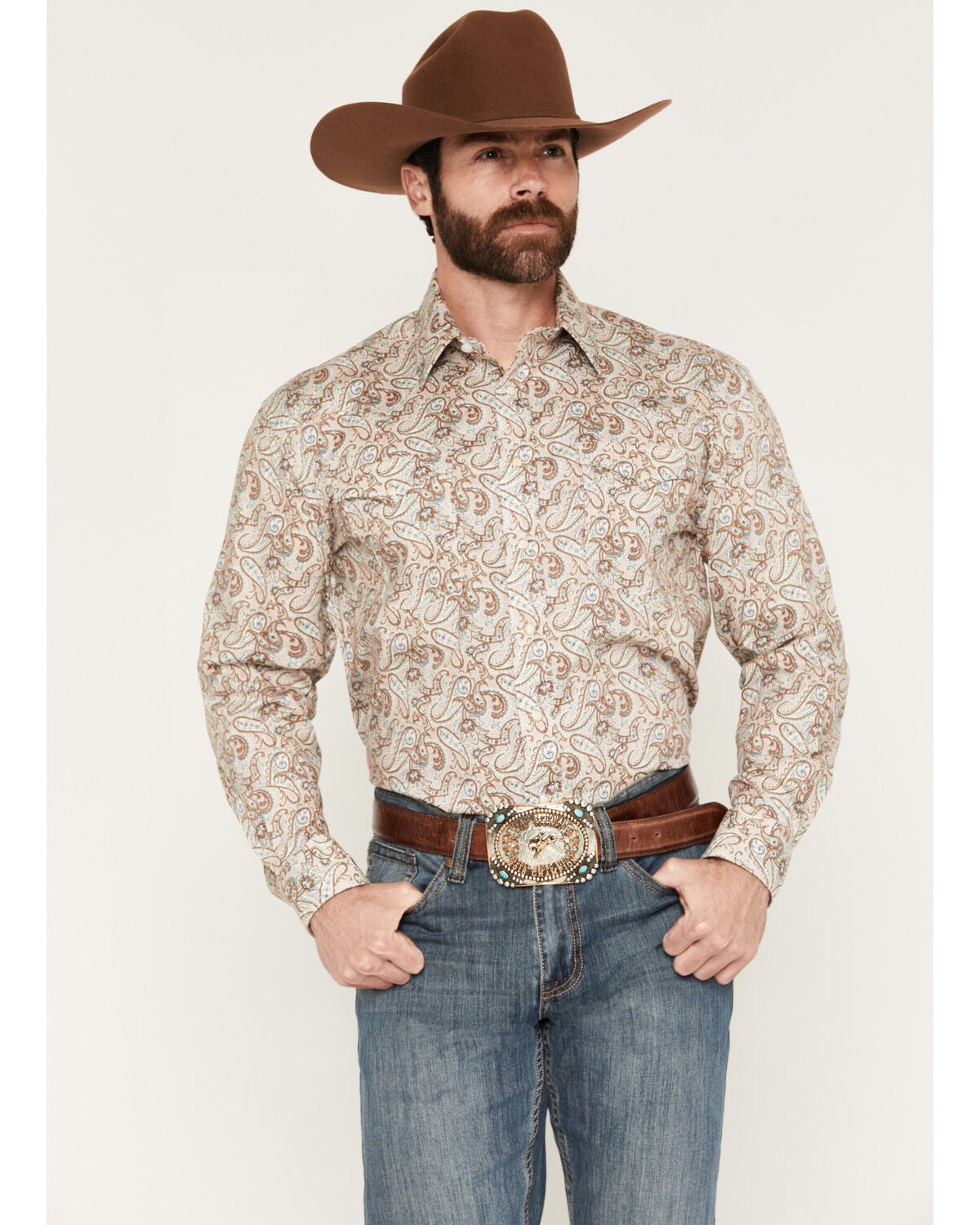Panhandle Slim Men's Paisley Print Long Sleeve Snap Stretch Western Shirt, Tan, hi-res