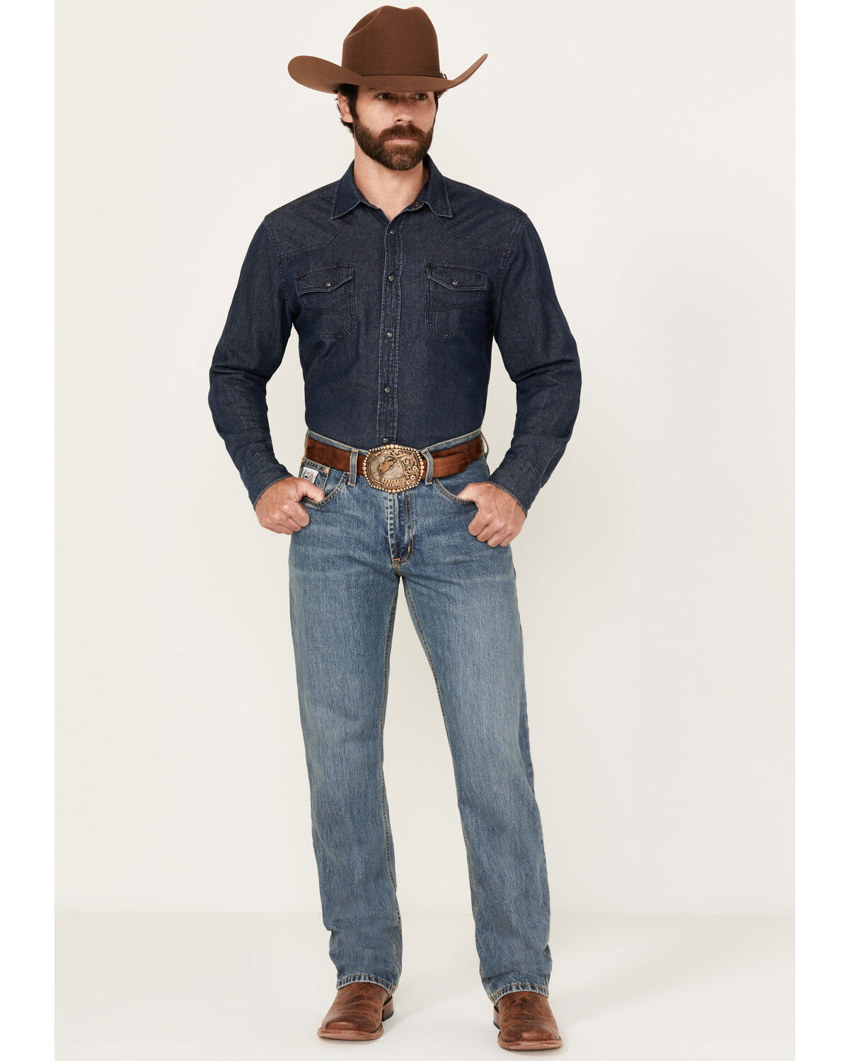 Image #1 - Cinch Men's White Label Relaxed Fit Medium Stonewash Denim Jeans, Blue, hi-res