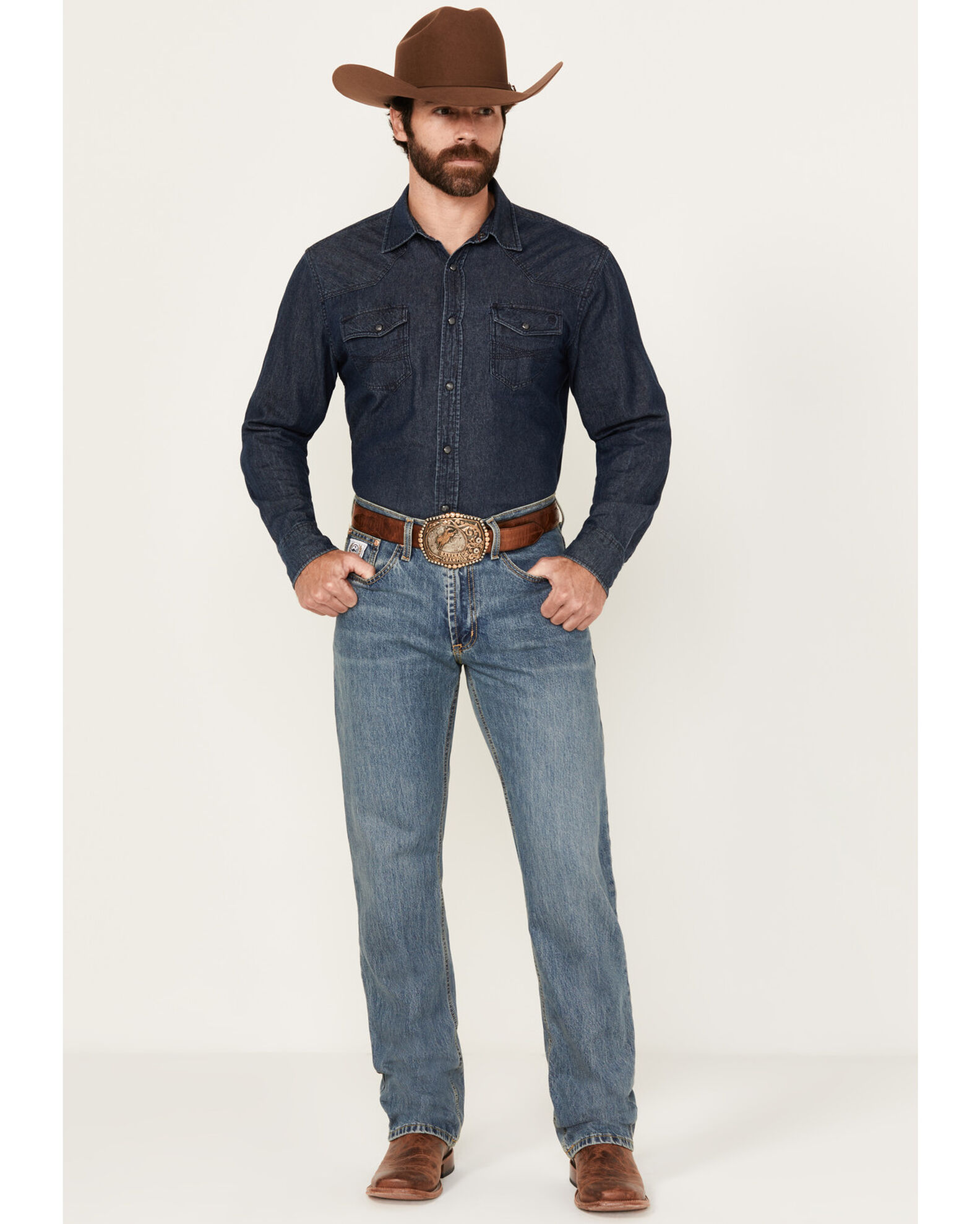 Image #1 - Cinch Men's White Label Relaxed Fit Medium Stonewash Denim Jeans, Blue, hi-res