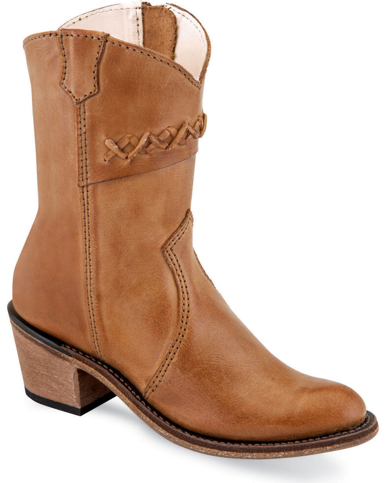 Old West Girls' Tan Stitched Short Booties - Round Toe , Tan, hi-res