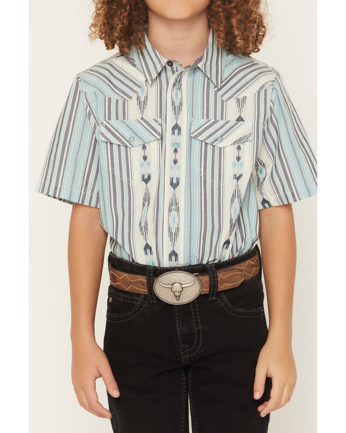 Image #3 - Cody James Boys' Heath Southwestern Striped Short Sleeve Snap Western Shirt, Blue, hi-res