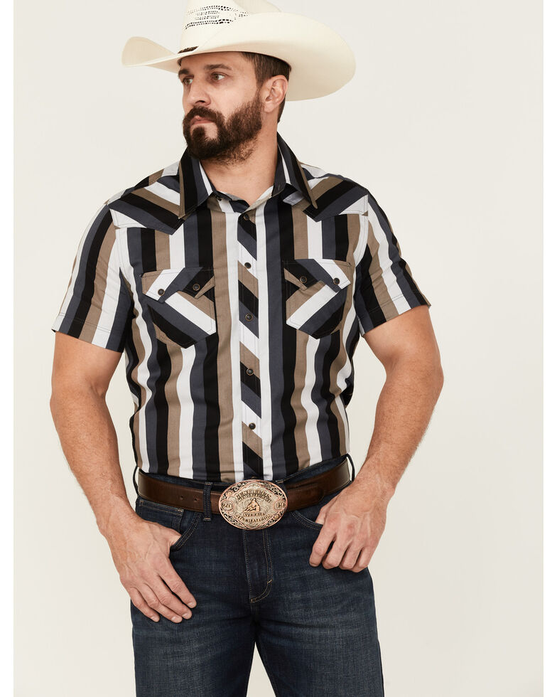 Dale Brisby Men's Striped Short Sleeve Snap Western Shirt , Taupe, hi-res