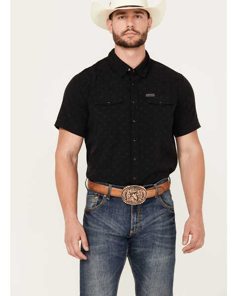 Image #1 - Panhandle Men's Geo Print Short Sleeve Snap Performance Western Shirt, Black, hi-res