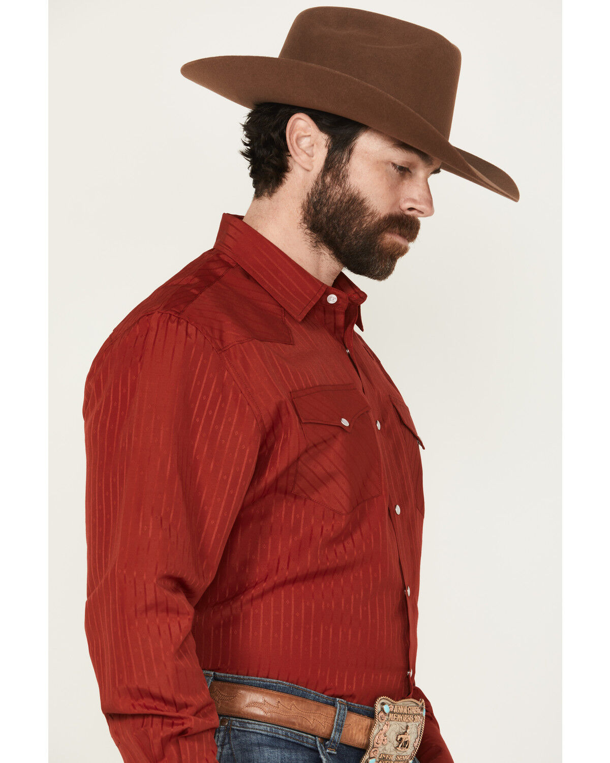 Image #2 - Rodeo Clothing Men's Tonal Striped Long Sleeve Pearl Snap Western Shirt, Red, hi-res