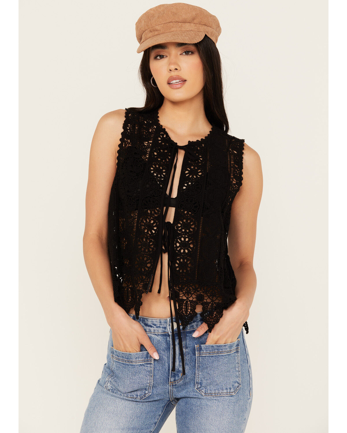 Image #1 - By Together Women's Crochet Tie Front Vest, Black, hi-res