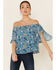 Shyanne Women's Floral Print Off Shoulder Short Sleeve Top, Blue, hi-res