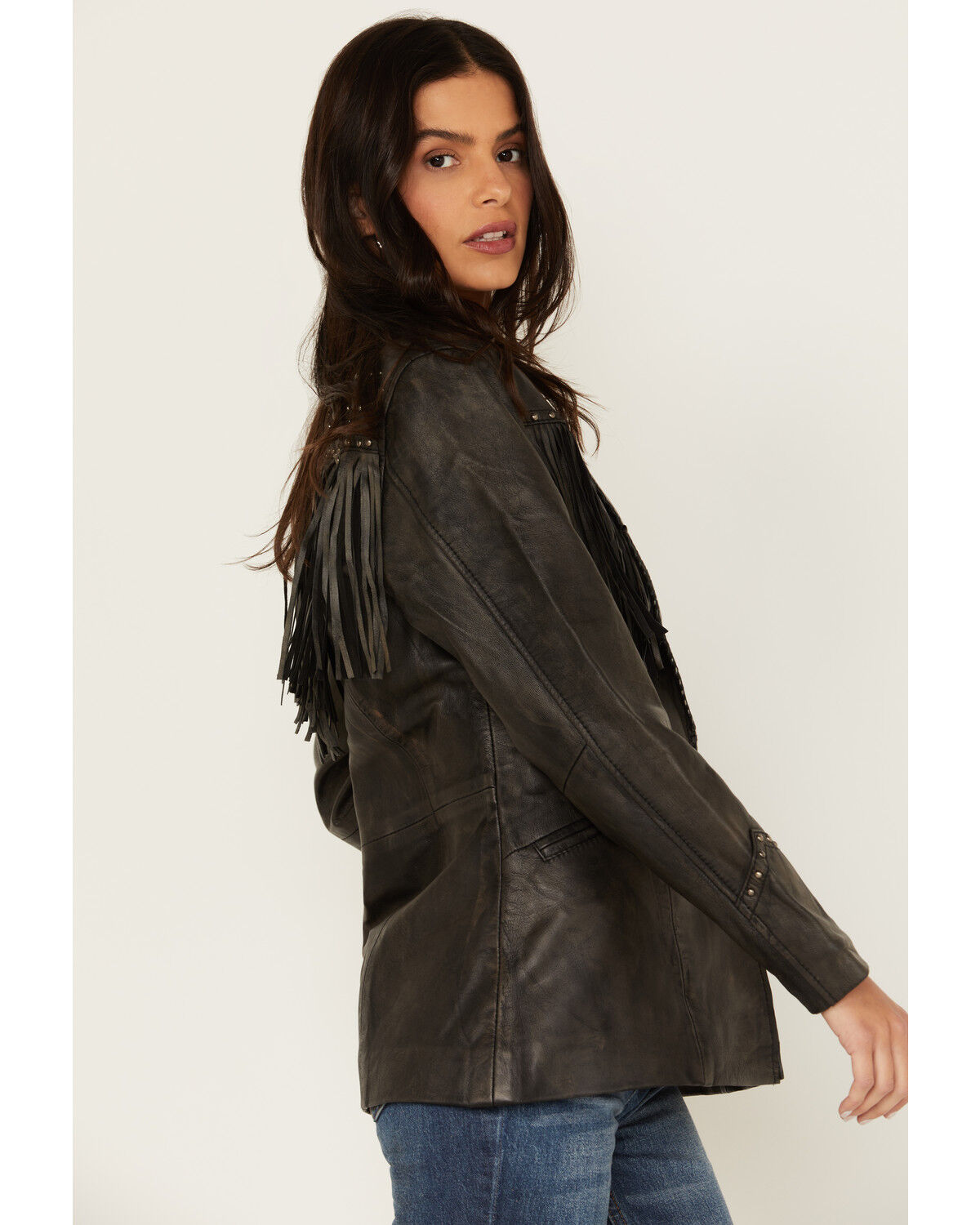 Image #2 - Cripple Creek Women's Antique Studded Fringe Lamb Nappa Snap Blazer, Black, hi-res