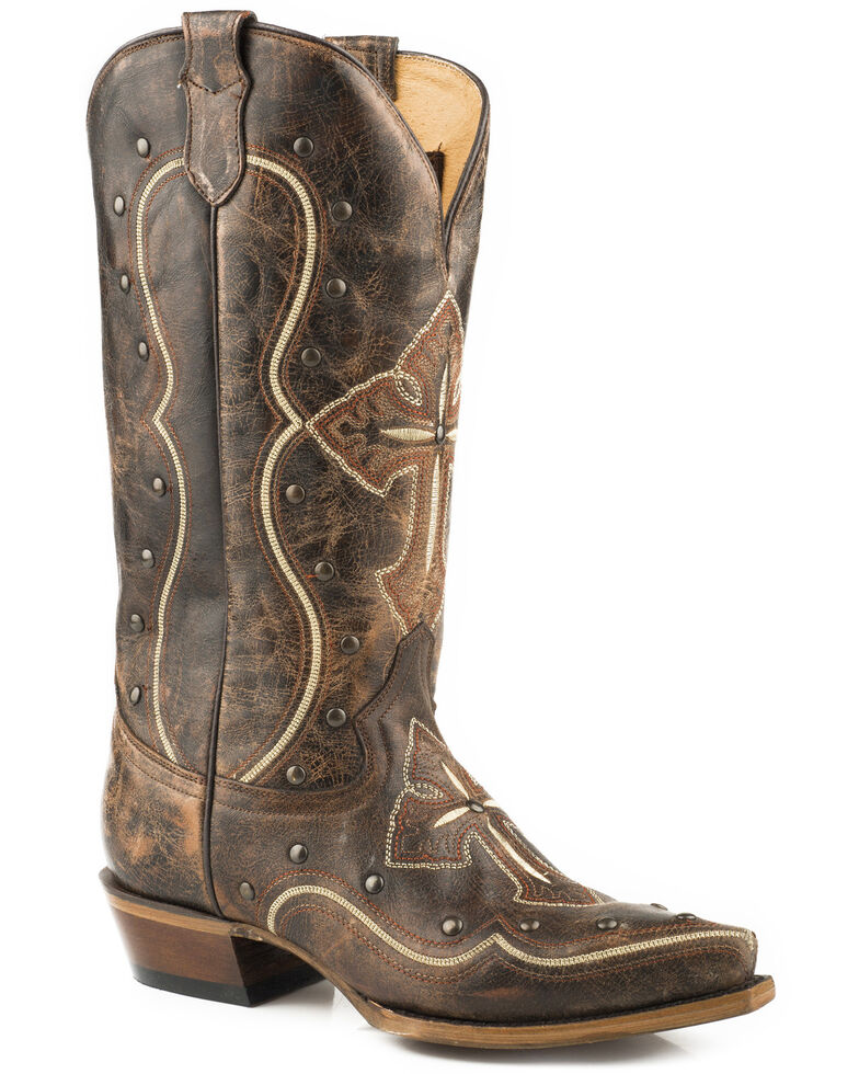 Roper Women's Pure Cross & Studs Cowgirl Boots - Snip Toe , Brown, hi-res