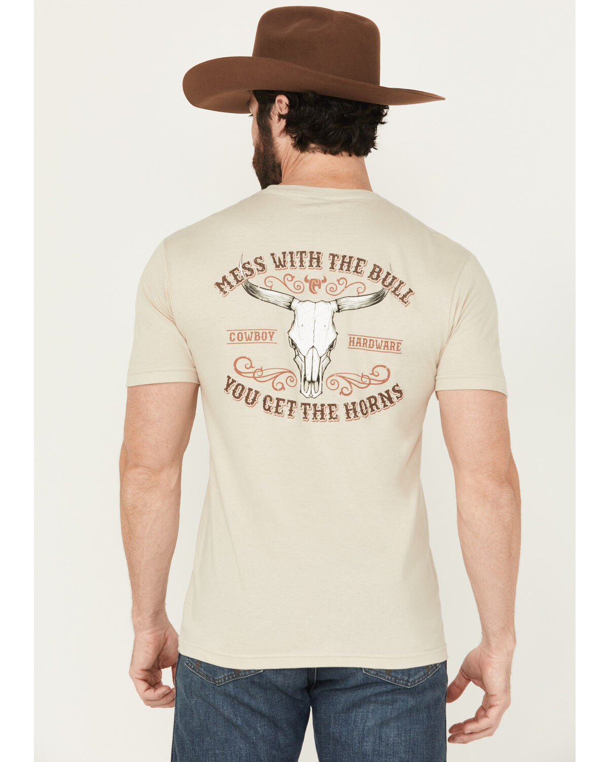 Image #1 - Cowboy Hardware Men's Mess With The Bull Short Sleeve Graphic T-Shirt, Sand, hi-res