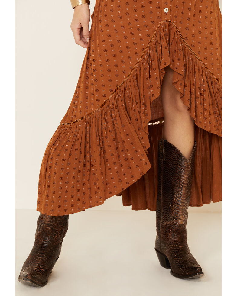 Shyanne Women's Cognac Printed Hi-Low Button Skirt, Pecan, hi-res