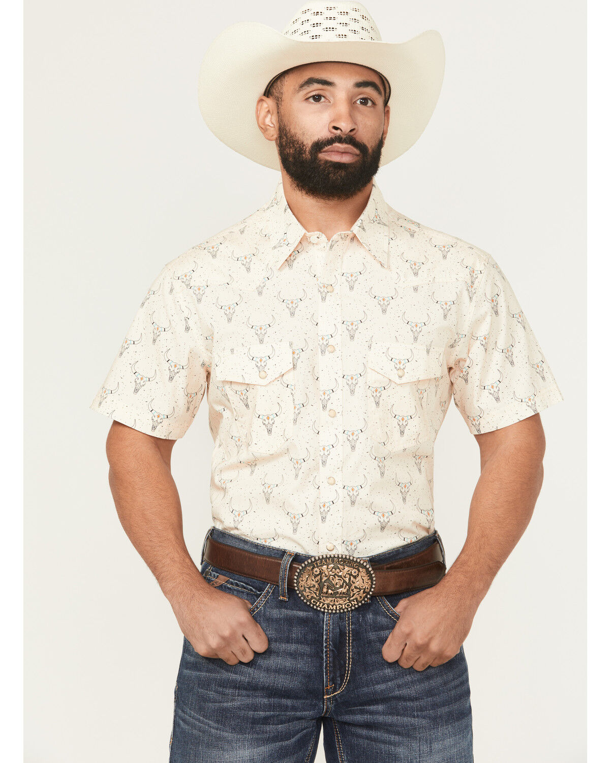 Image #1 - Rock & Roll Denim Men's Dale Drisby Longhorn Print Short Sleeve Snap Stretch Western Shirt, Cream, hi-res