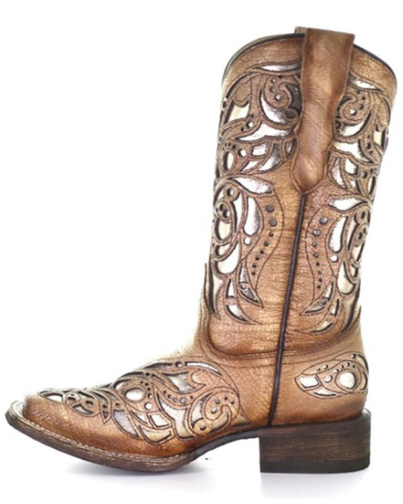 Corral Girls' Beige Shiny Inlay Western Boots - Wide Square Toe, Tan, hi-res