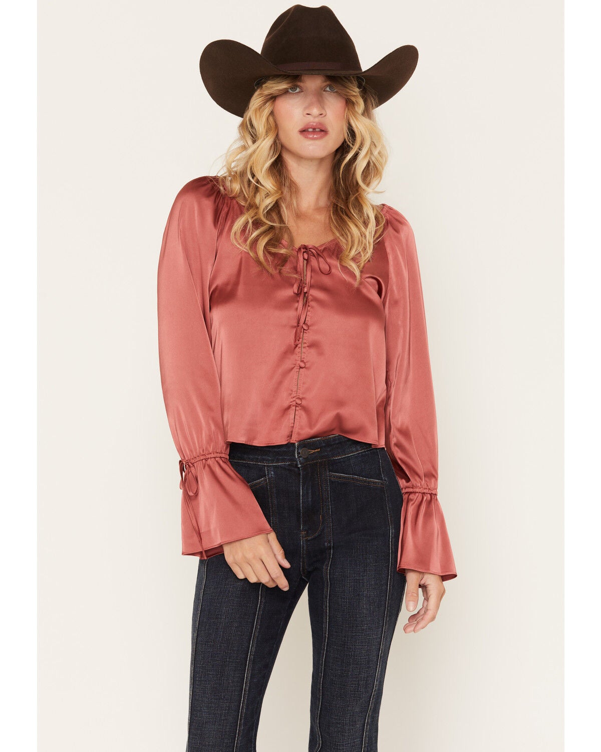 Shyanne Women's Latigo Satin Button-Front Long Sleeve Blouse, Ruby, hi-res
