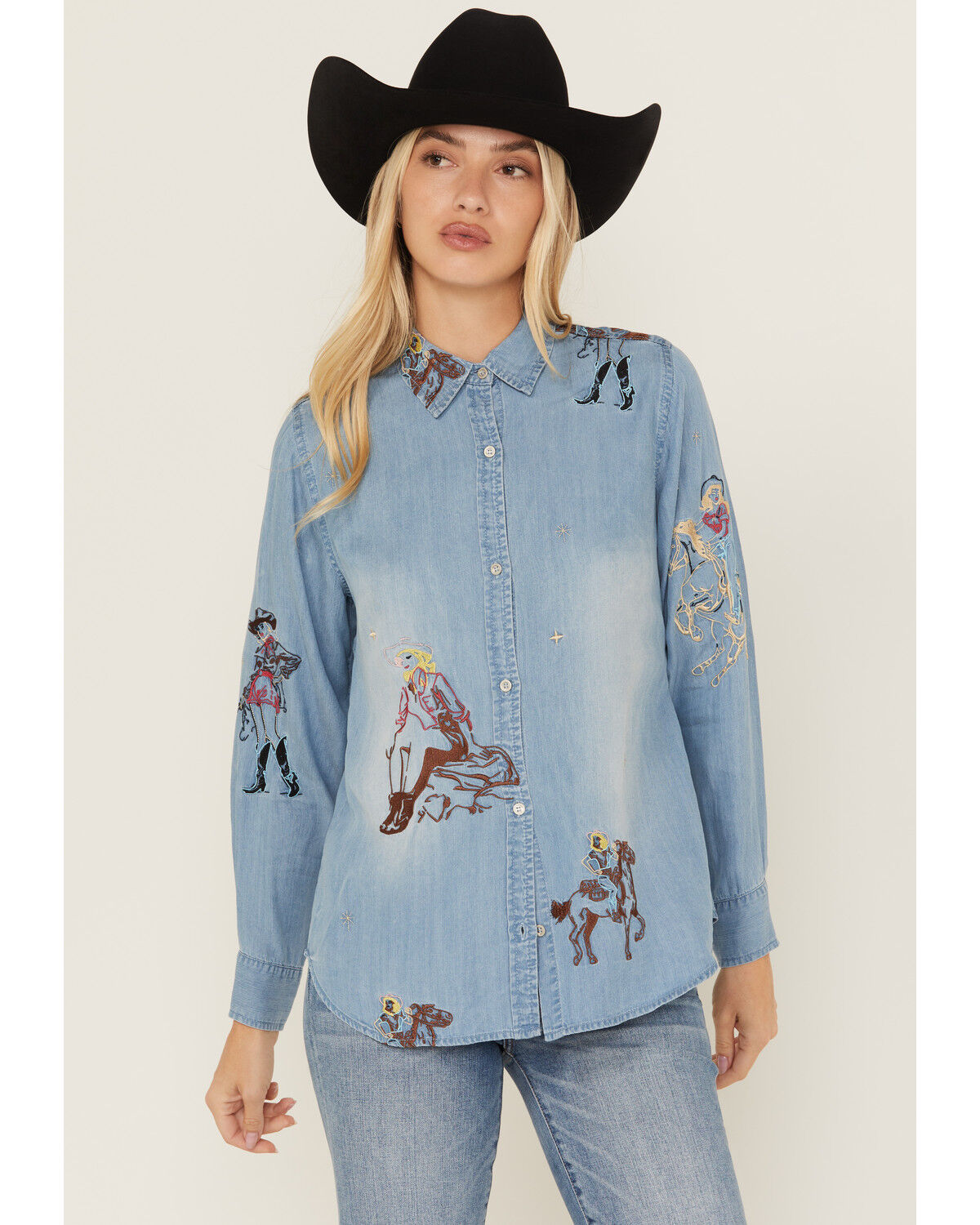 Image #1 - Blue B Women's Cowgirl Embroidered Long Sleeve Button-Down Denim Shirt, Medium Wash, hi-res