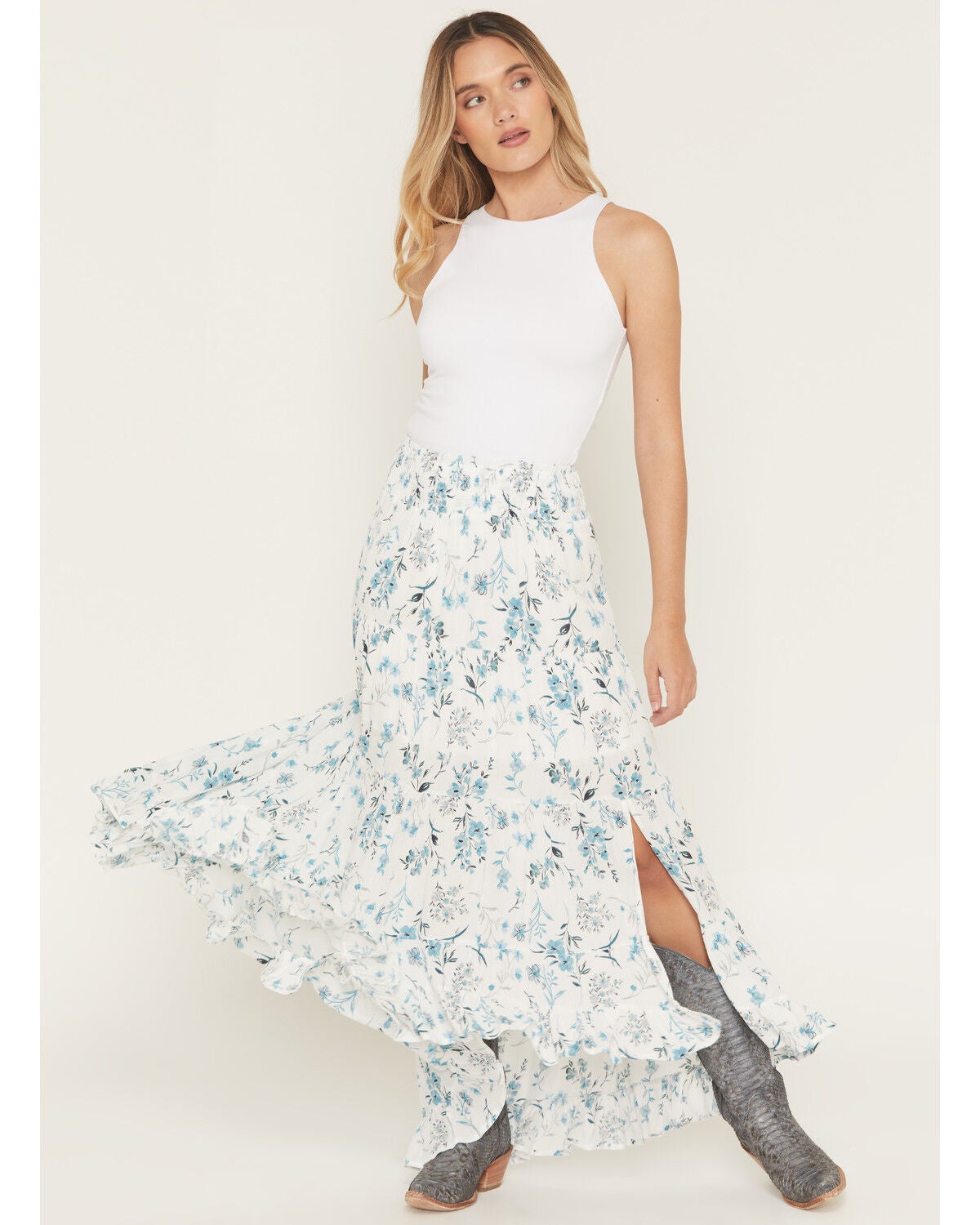 Wild Moss Women's Floral Print High-Low Skirt, Ivory, hi-res