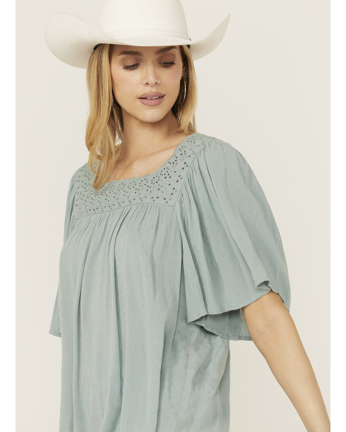 Image #2 - Band Of The Free Women's Solid Short Sleeve Ruffle Blouse, Blue, hi-res