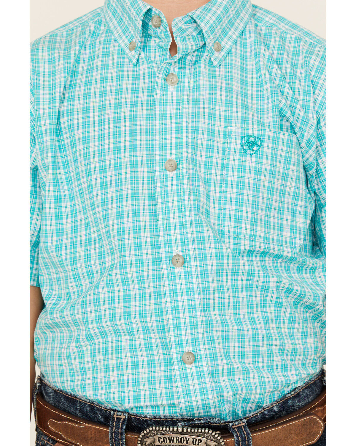 Image #3 - Ariat Boys' Pro Jensen Plaid Print Short Sleeve Button-Down Western Shirt, Turquoise, hi-res