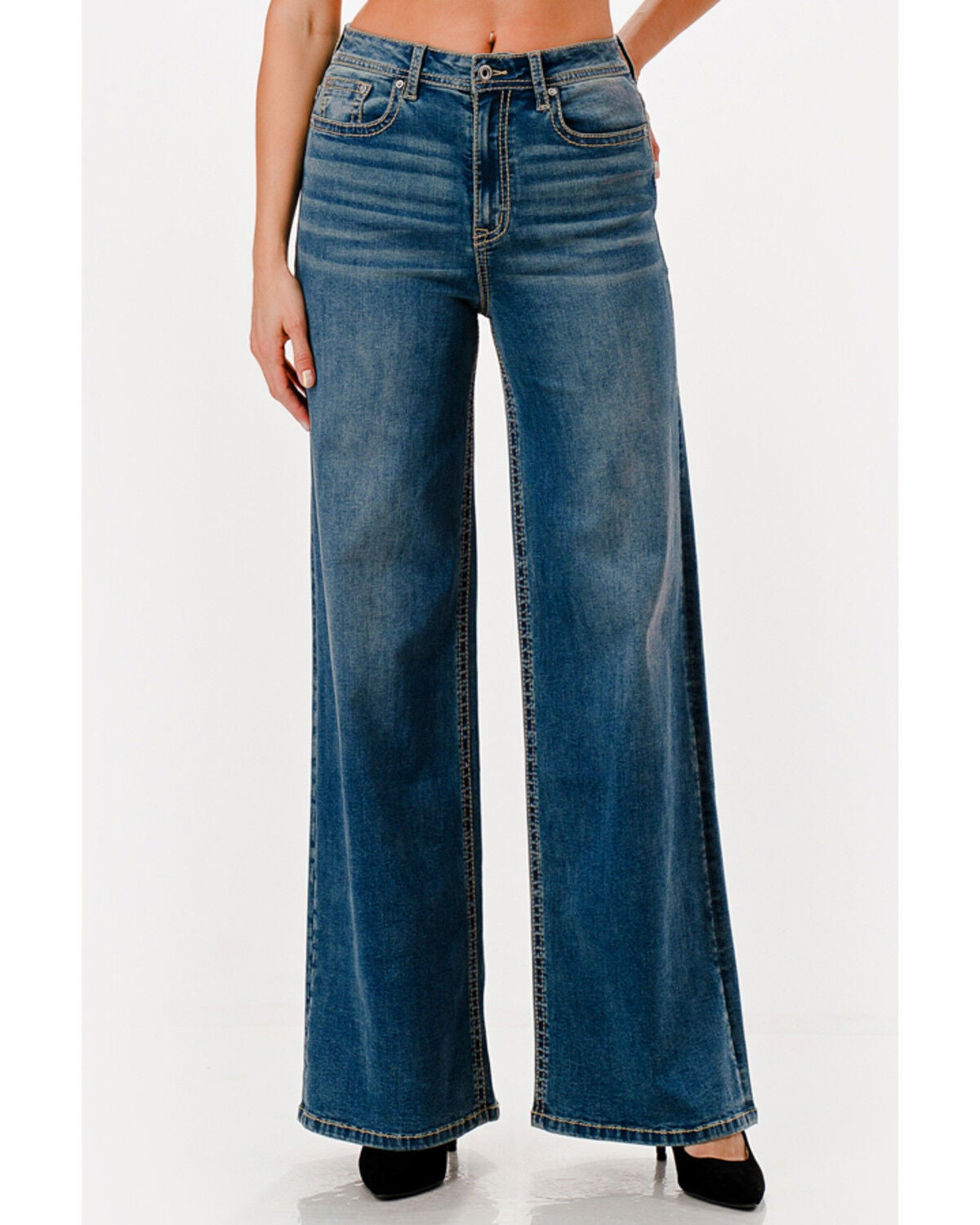 Image #2 - Grace in LA Women's  Medium Wash High Rise Horse Pocket 32" Trouser Stretch Denim Jeans, Medium Wash, hi-res