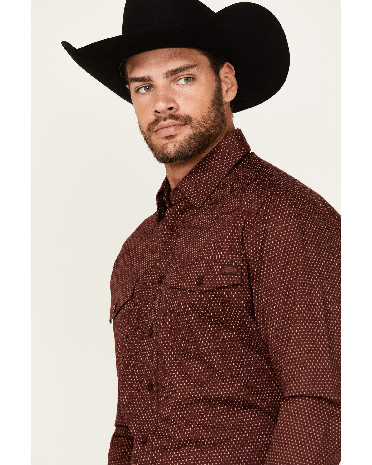 Image #3 - Justin Men's Boot Barn Exclusive Geo Print Long Sleeve Button-Down Stretch Western Shirt, Wine, hi-res