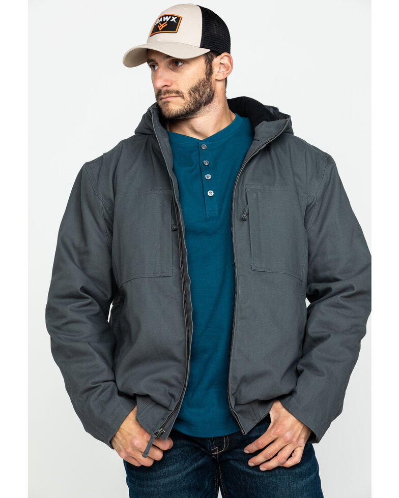 Hawx Men's Shadow Grey Canvas Quilted Bi-Swing Hooded Zip Front Work Jacket , Dark Grey, hi-res