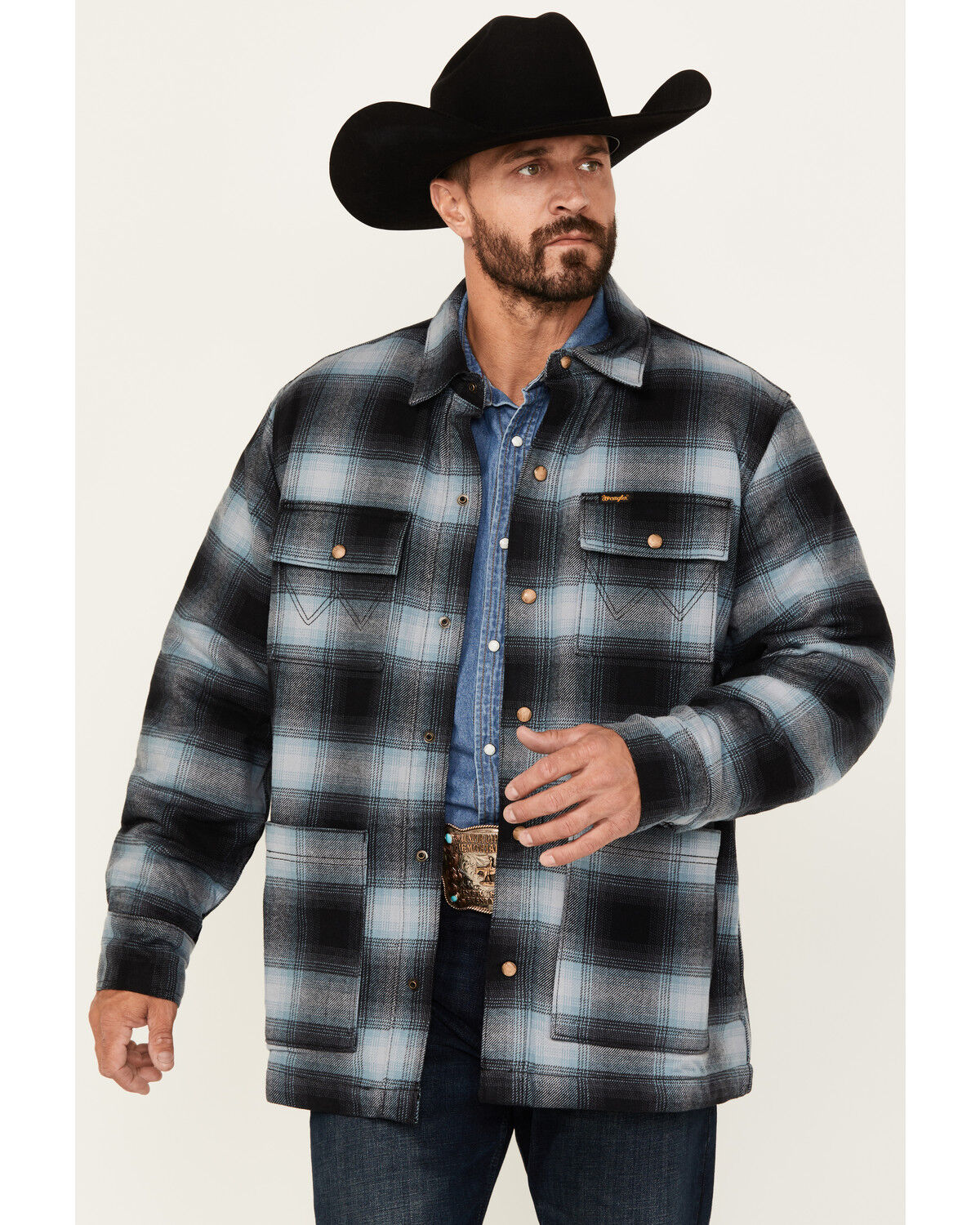 Image #1 - Wrangler Men's Hombre Sherpa Lined Plaid Print Snap Flannel Shirt Jacket, Blue, hi-res