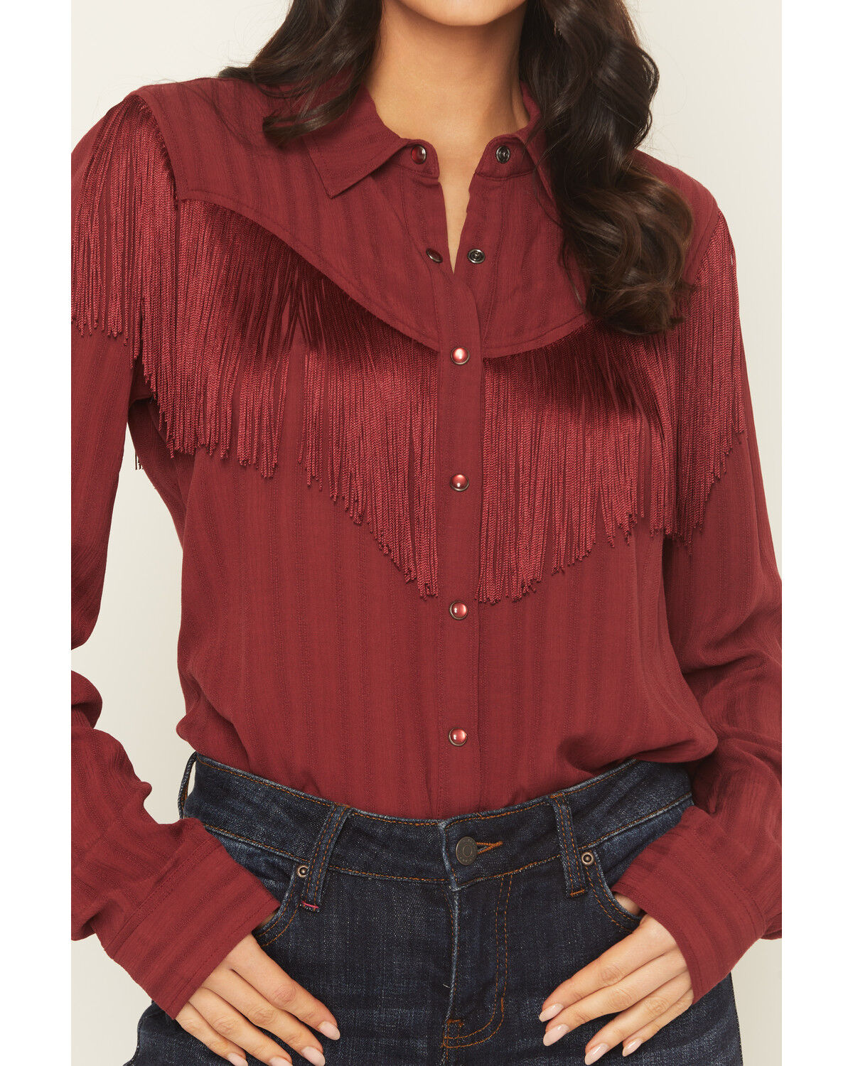 Image #3 - Idyllwind Women's Revive Fringe Long Sleeve Snap Crinkle Shirt, Cherry, hi-res