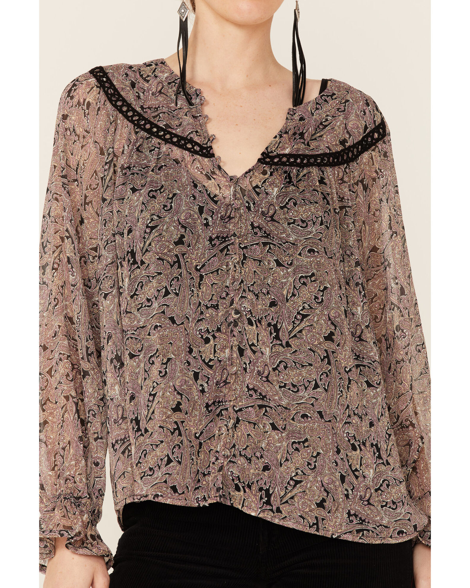 Image #2 - Lovestitch Women's Black Orchid Long Sleeve Lace Trim Peasant Blouse, Lavender, hi-res