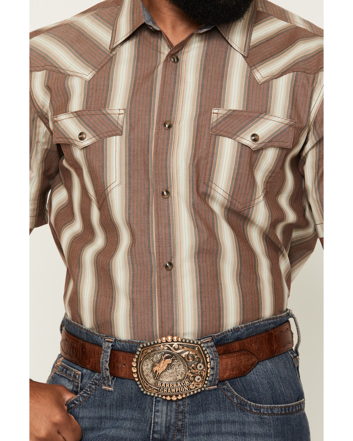 Image #3 - Cody James Men's Gopher Striped Print Short Sleeve Snap Western Shirt, Brown, hi-res