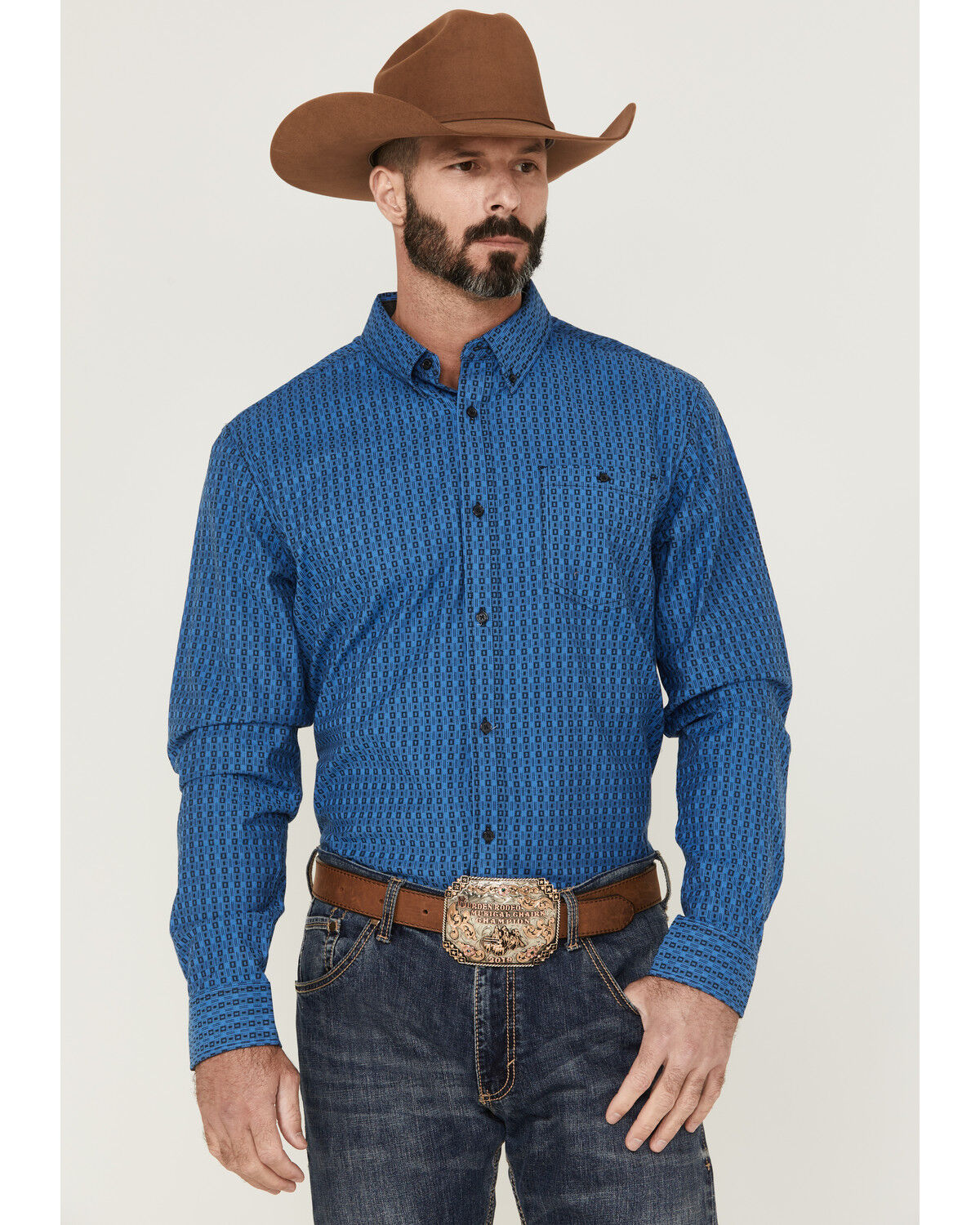 Image #1 - RANK 45® Men's Bulldogger Dobby Geo Button-Down Western Shirt, Blue, hi-res