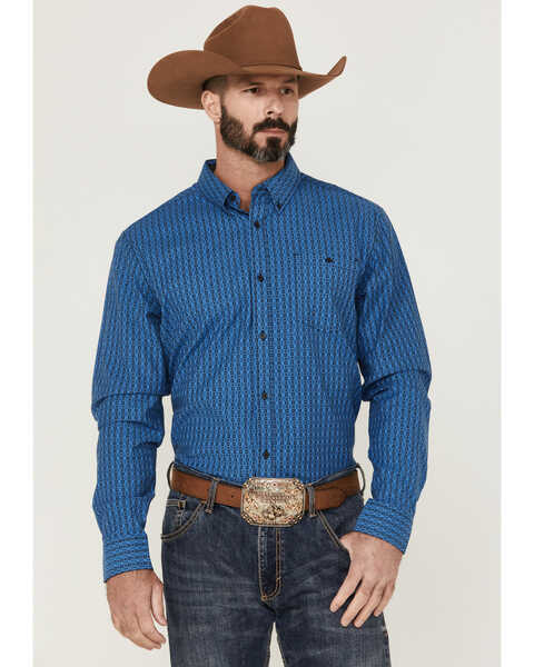 RANK 45® Men's Bulldogger Dobby Geo Button-Down Western Shirt , Blue, hi-res