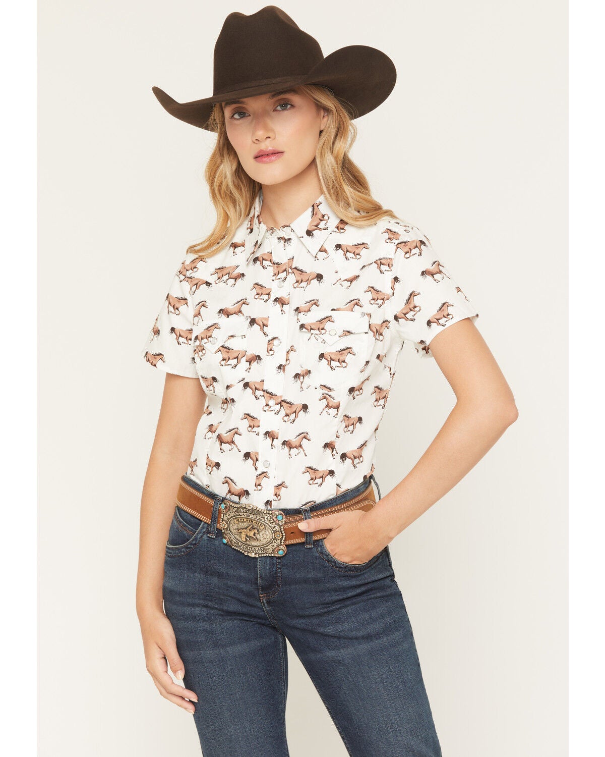 Wrangler Retro Women's Boot Barn Exclusive Horse Print Short Sleeve Snap Western Shirt, Cream, hi-res